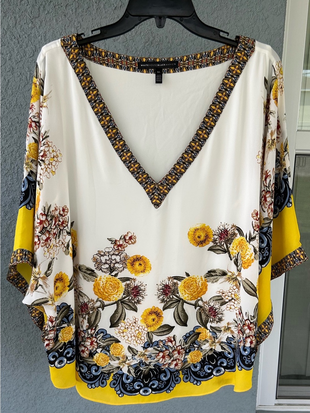 White House Black Market White Floral V-Neck Blouse with Yellow Accents